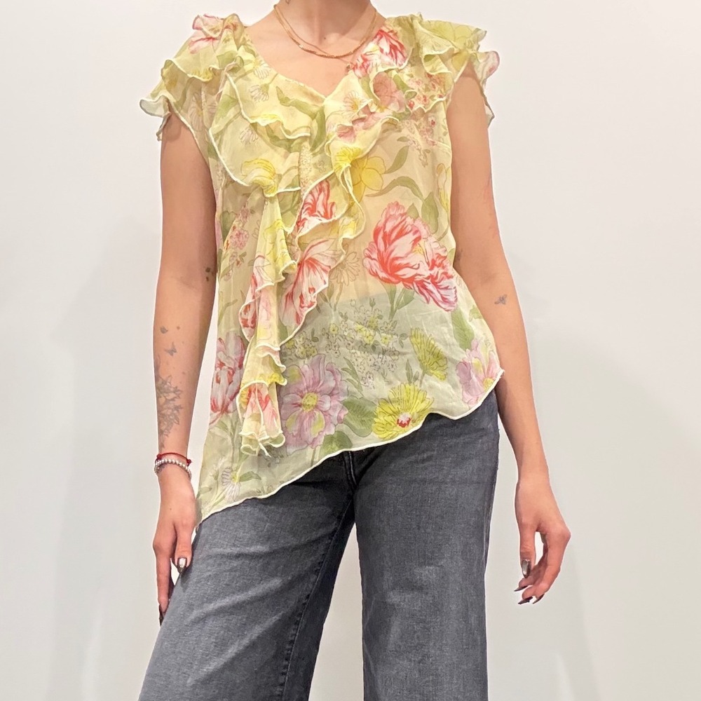 Y2K Floral Sheer Chiffon Ruffle Top
